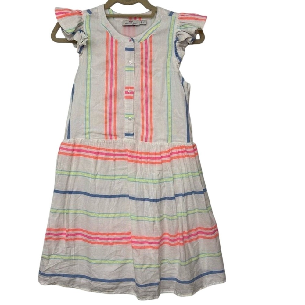 Vineyard Vines Women Size 2 Striped Flutter Sleeve Tiered Dress Neon White Multi